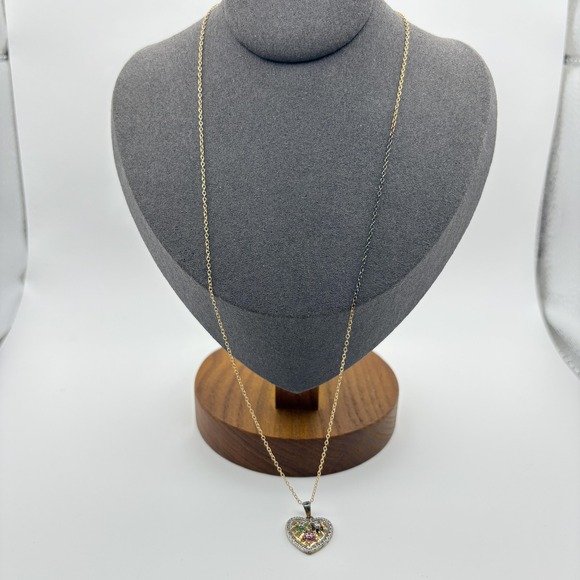 Sterling Silver 925 Gold Tone Heart Pendant Necklace Flower Stones 18in - Picture 3 of 10